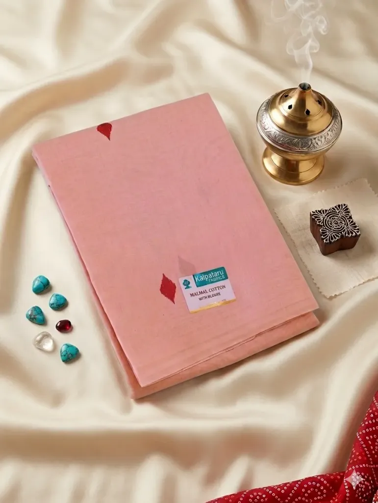 Kalpataru Fabrics Soft Peach Malmal Cotton Saree with Unstitched Blouse - Sold by Reyneon