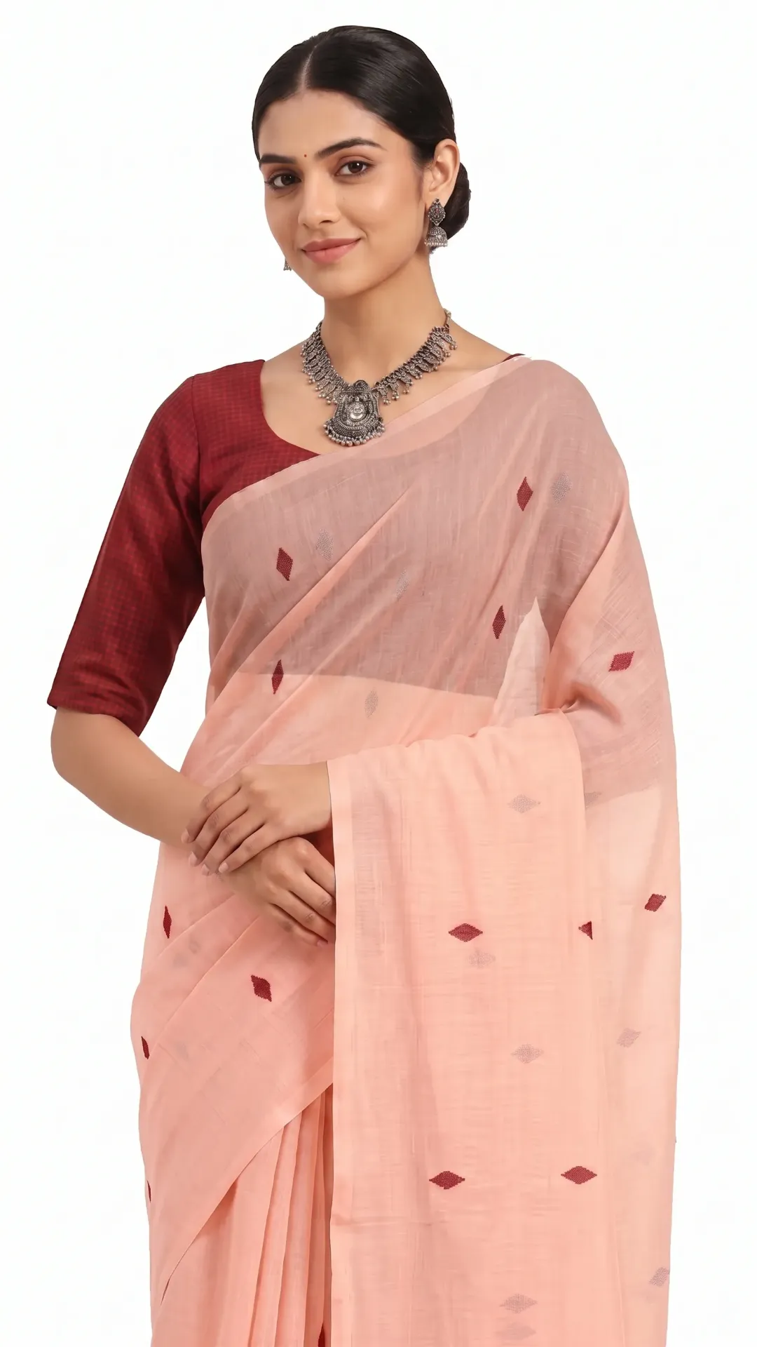 Kalpataru Fabrics Soft Peach Malmal Cotton Saree with Unstitched Blouse - Sold by Reyneon