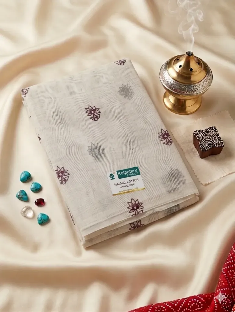 Kalpataru Fabrics Women's Pure Malmal Cotton Saree with Unstitched Blouse Piece, Floral Block Print - Sold by Reyneon