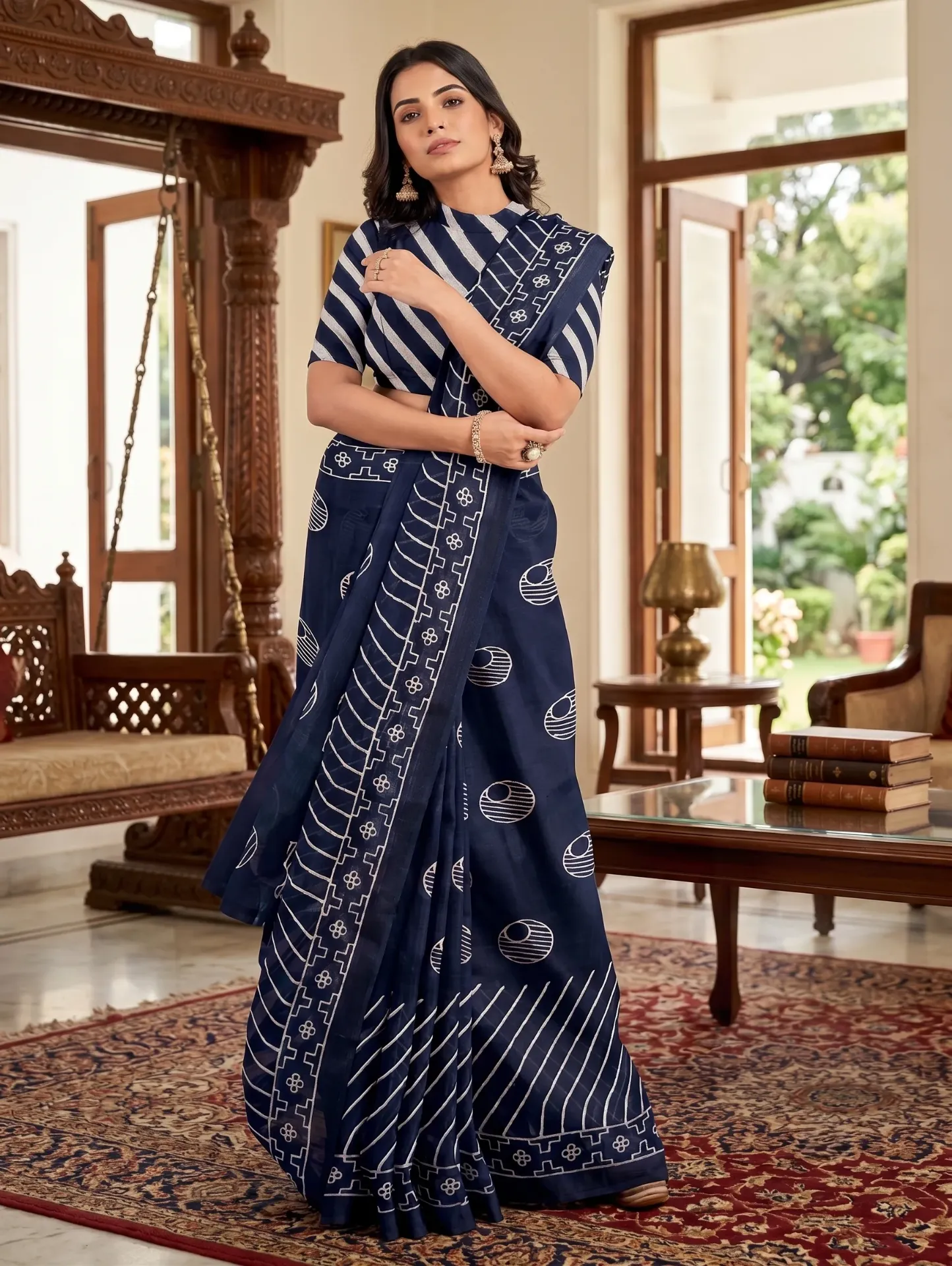 Elegant Navy Blue Cotton Mulmul Saree with White Block Print and Matching White Striped Running Blouse Piece for Women | Modern and Trendy Sarees for women - Sold by Reyneon
