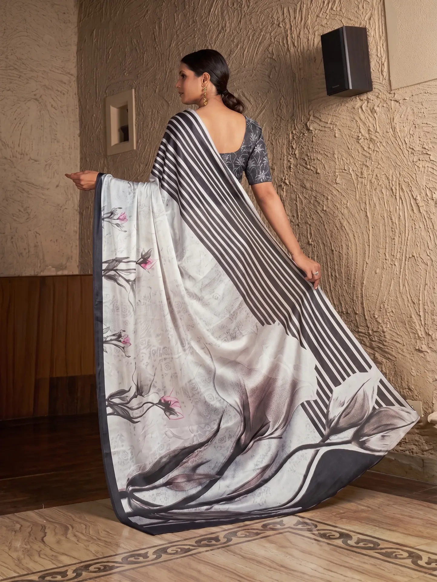 Premium Trendy Cyan blue Satin Mulmul Cotton Digital Floral Printed Saree With Running Floral Black Blouse Piece For Women | Modern and Trendy Sarees for women - Sold by Reyneon