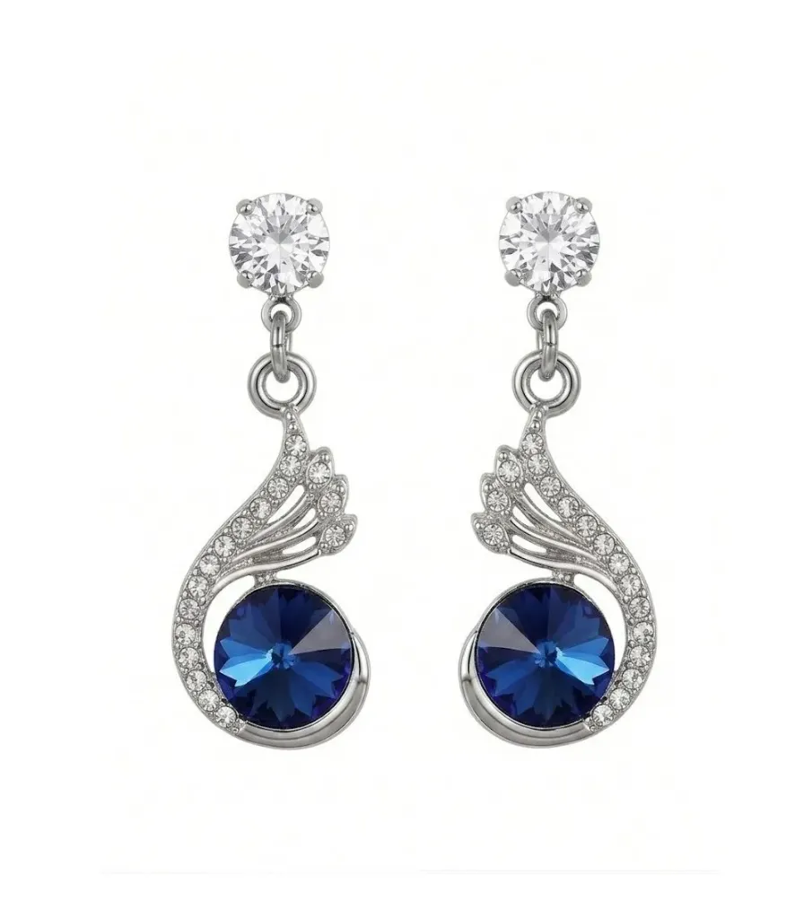 Crystal Drop Earring, Silver-Tone Wing Design with Clear CZ Stud, Elegant Dangle Style for women and girls | Modern Elegant Ear ring style for women and girls (Blue)
