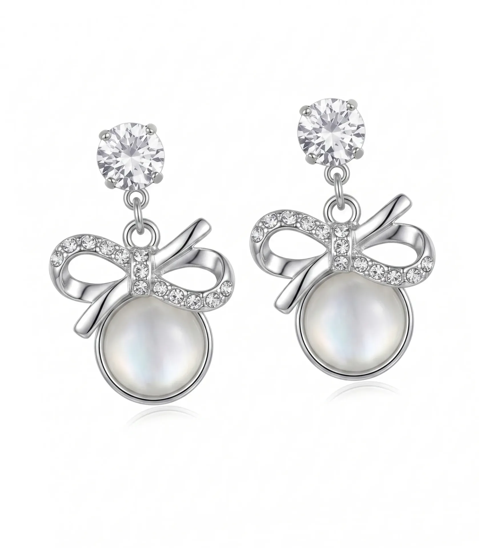 Pearl and Crystal Bow Drop Earring, Silver-Tone, Cubic Zirconia Stud with Rhinestone Bow Charm | Modern Elegant Ear ring style for women and girls