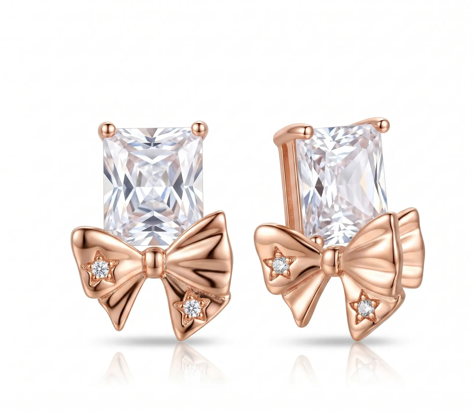 Rose Gold Bow Stud Earrings with Emerald Cut Crystal and Star Accents | Modern Elegant Stud Ear ring style for women and girls