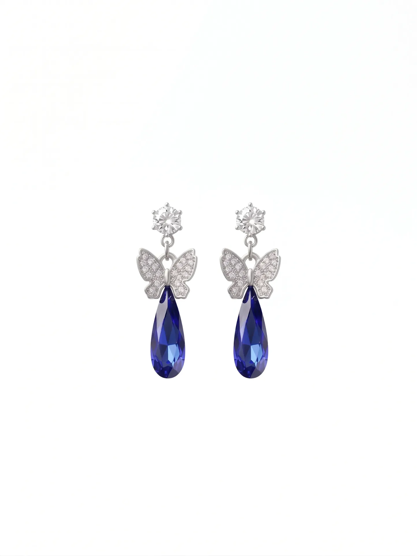 Crystal Butterfly Drop Earring, Teardrop Pendant with Silver-Tone Rhinestone Stud | Modern Elegant Ear ring style for women and girls (Blue)