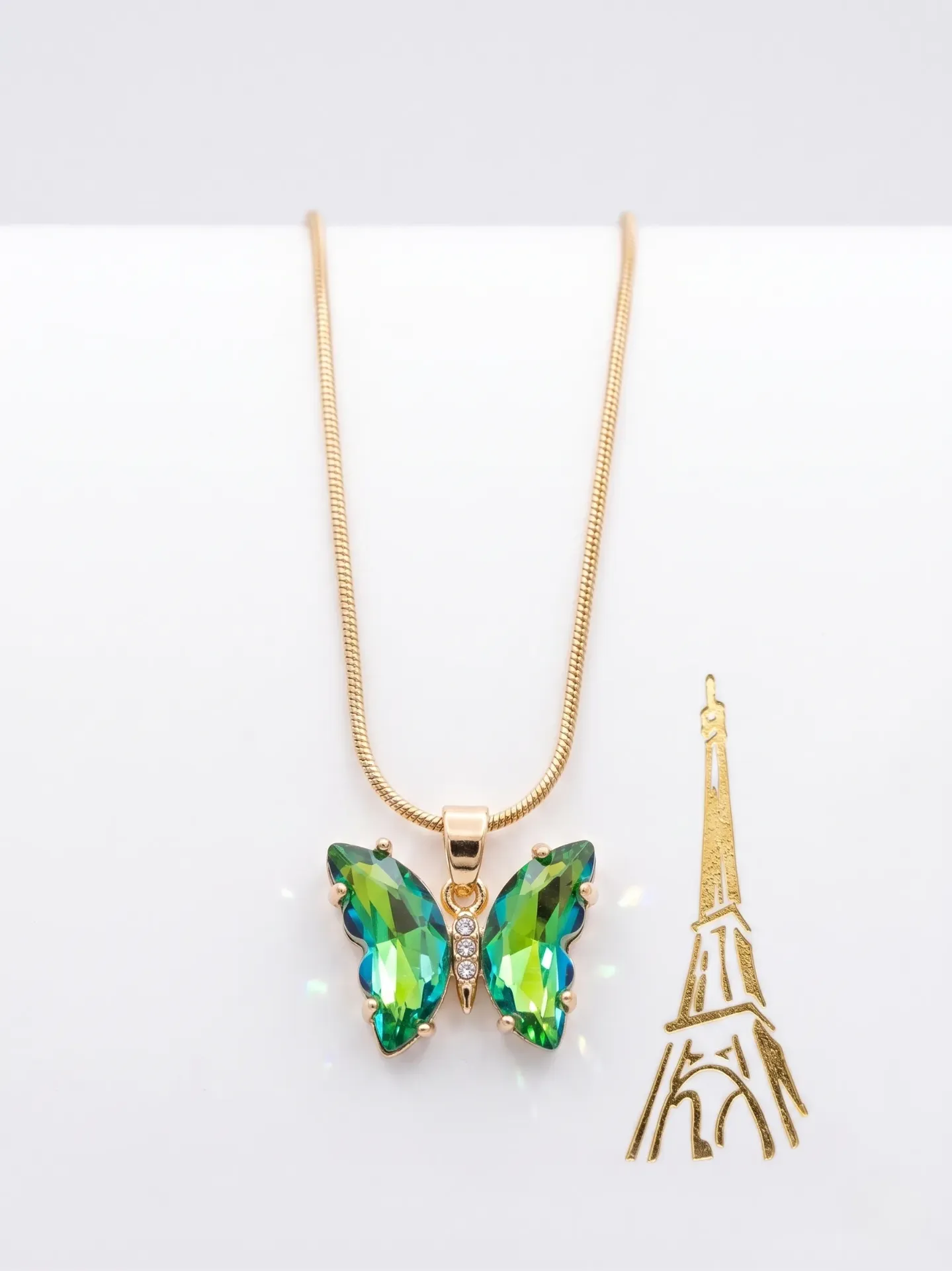 Green Crystal Butterfly Pendant Necklace for Women, Gold toned Chain, Rhinestone Accent | Modern Elegant Chain necklace for women and girls