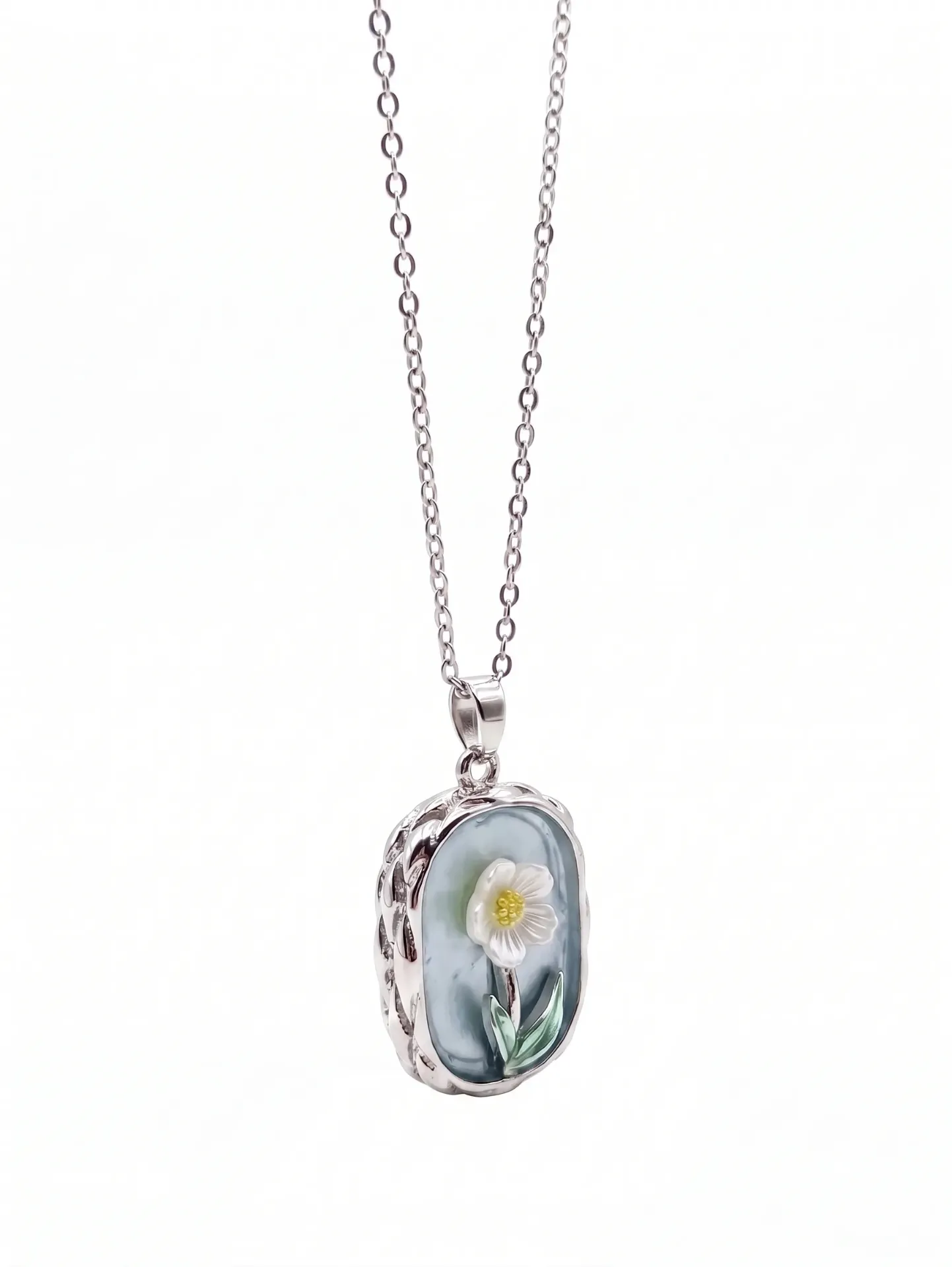 Daisy Locket Pendant Necklace, Silver-Tone Chain, White Daisy Flower, Blue Enamel, Women's Jewellery | Modern Elegant Chain necklace for women and girls
