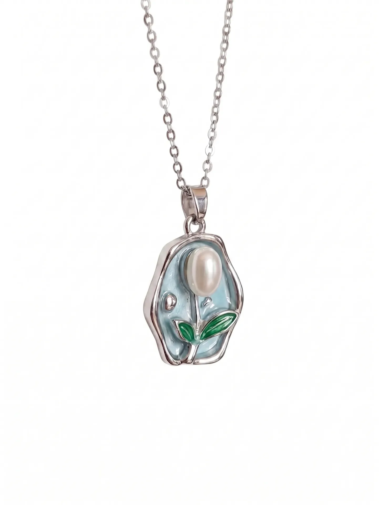 Pearl Flower Pendant Necklace, Blue Enamel with Green Leaf Tulip Design, Silver Chain | Modern Elegant Chain necklace for women and girls