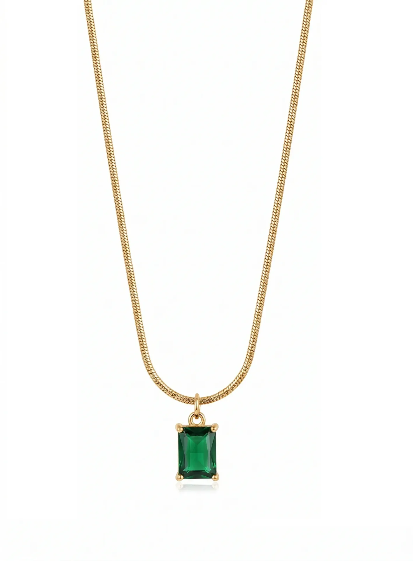 Emerald Green Rectangular Crystal Pendant with Gold-Tone Chain Necklace, Lobster Clasp | Modern El
