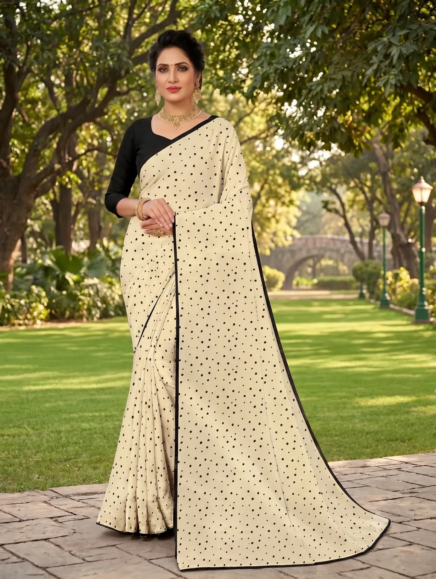 Premium Trendy Light Yellow Mulmul Cotton Polka Dot Printed Saree With Black Contrast Border And Blouse Piece For Women | Modern and Trendy Sarees for women - Sold by Reyneon