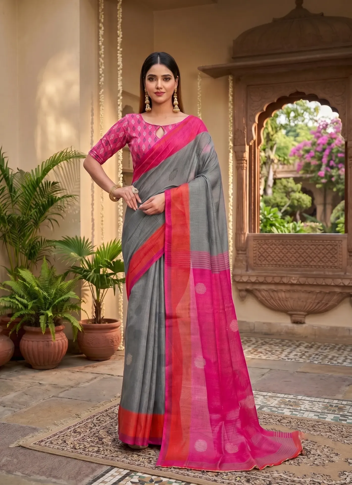 Premium Trendy Grey Mulmul Cotton Saree With Orange & Pink Contrast Border And Pink Printed Butti Blouse Piece For Women | Modern and Trendy Sarees for women - Sold by Reyneon