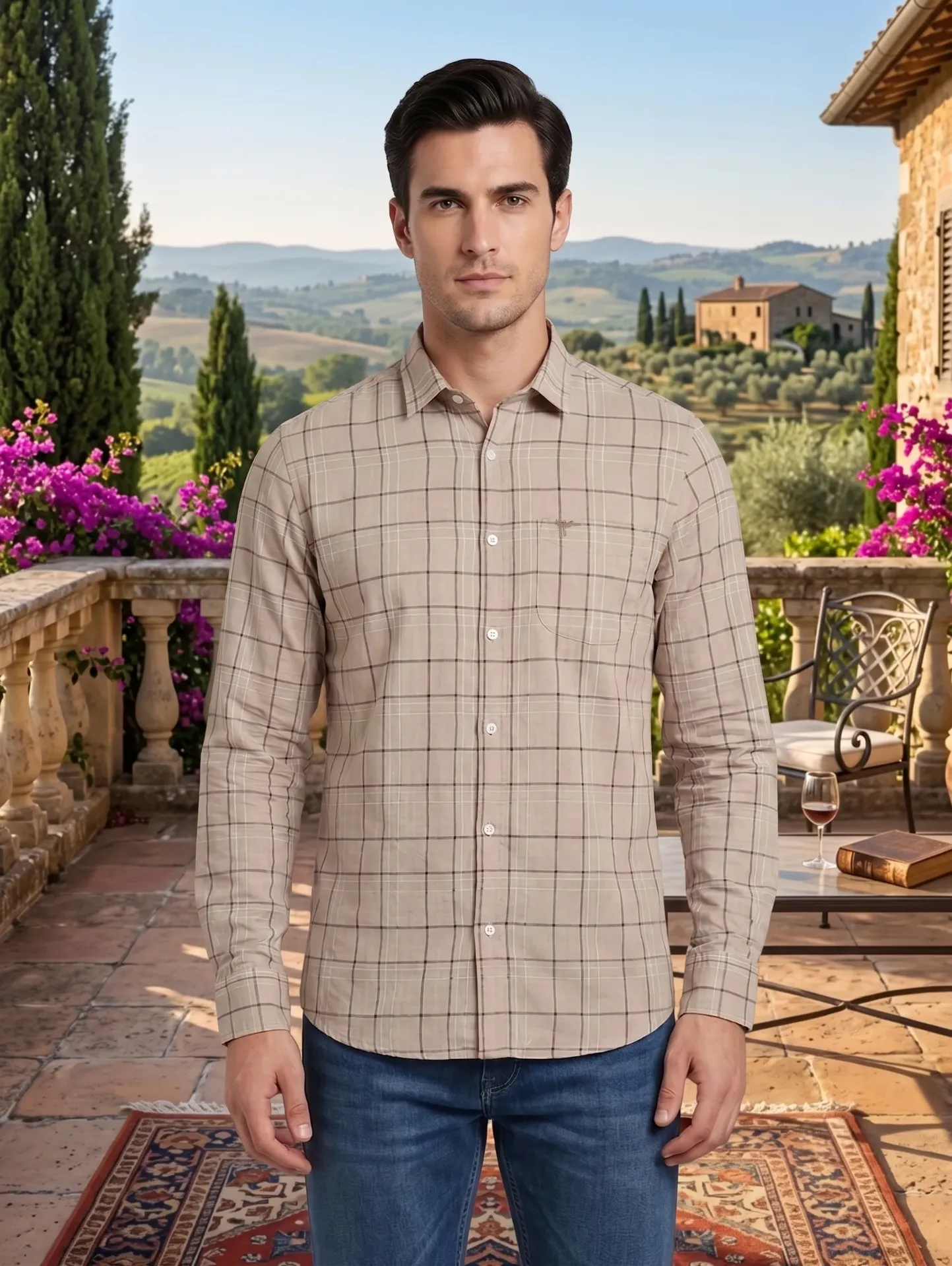 Men's Beige Cotton Linen Checked Casual Shirt | Full Sleeve Checks Shirt for Men | Premium Modern and Trendy Formal Shirts for Men - Sold by Reyneon