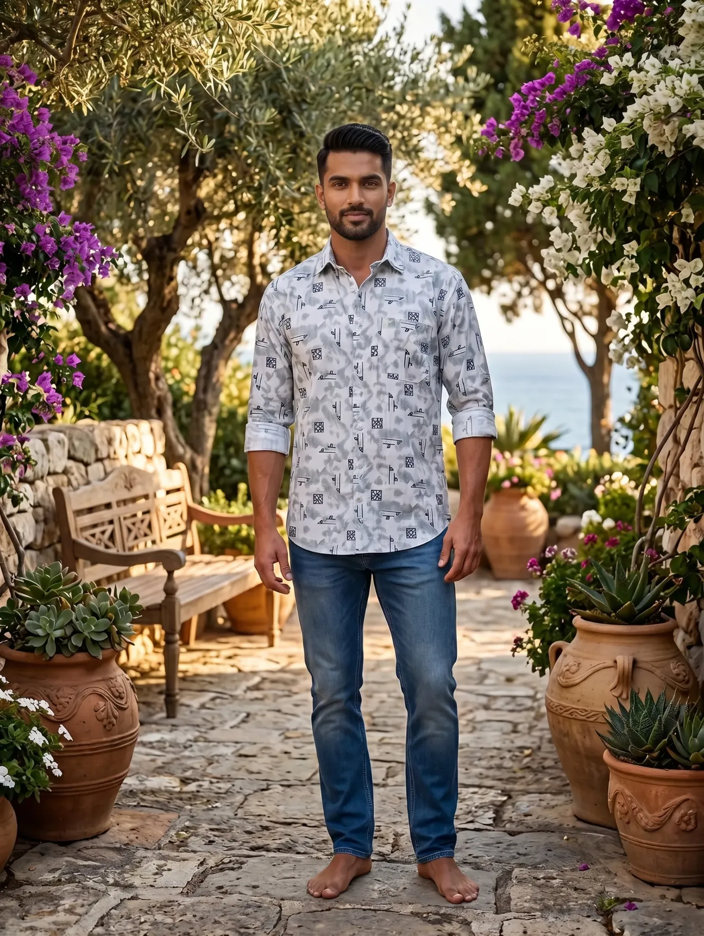 Men's White & Grey Cotton Casual Shirt with Beautiful Geo Patterns | Full Sleeve Tie Dye & Abstract Print Shirts for Men | Modern and Trendy Premium Beach, Party for Men - Sold by Reyneon